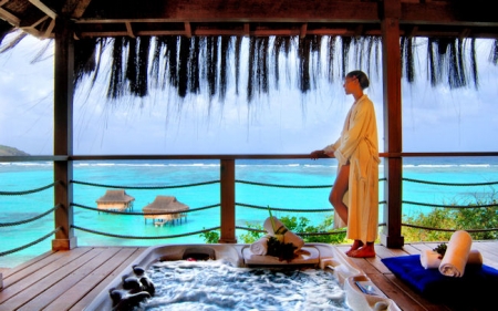 Canouan Resort: view from the terrace of the spa over the lagoon.